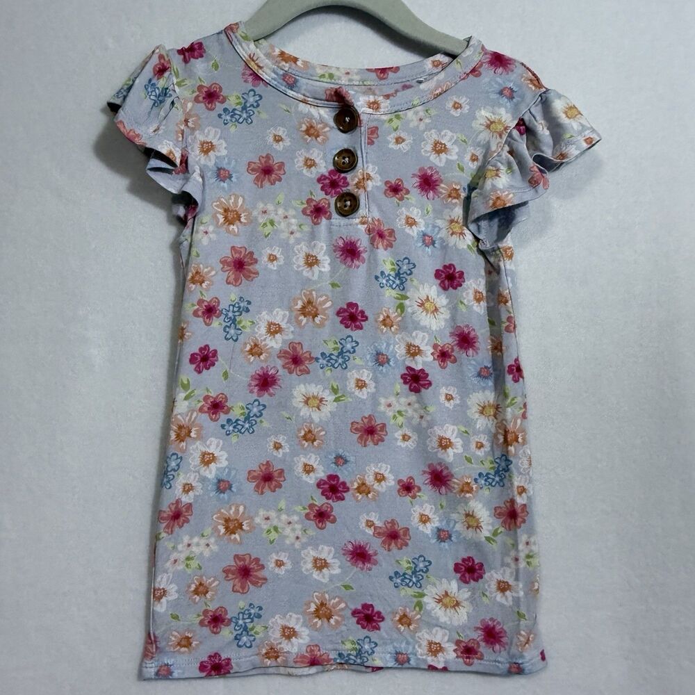 Posh Peanut Carissa Purple Floral Ruffle Sleeve Bamboo Henley T-Shirt Girl's 5T